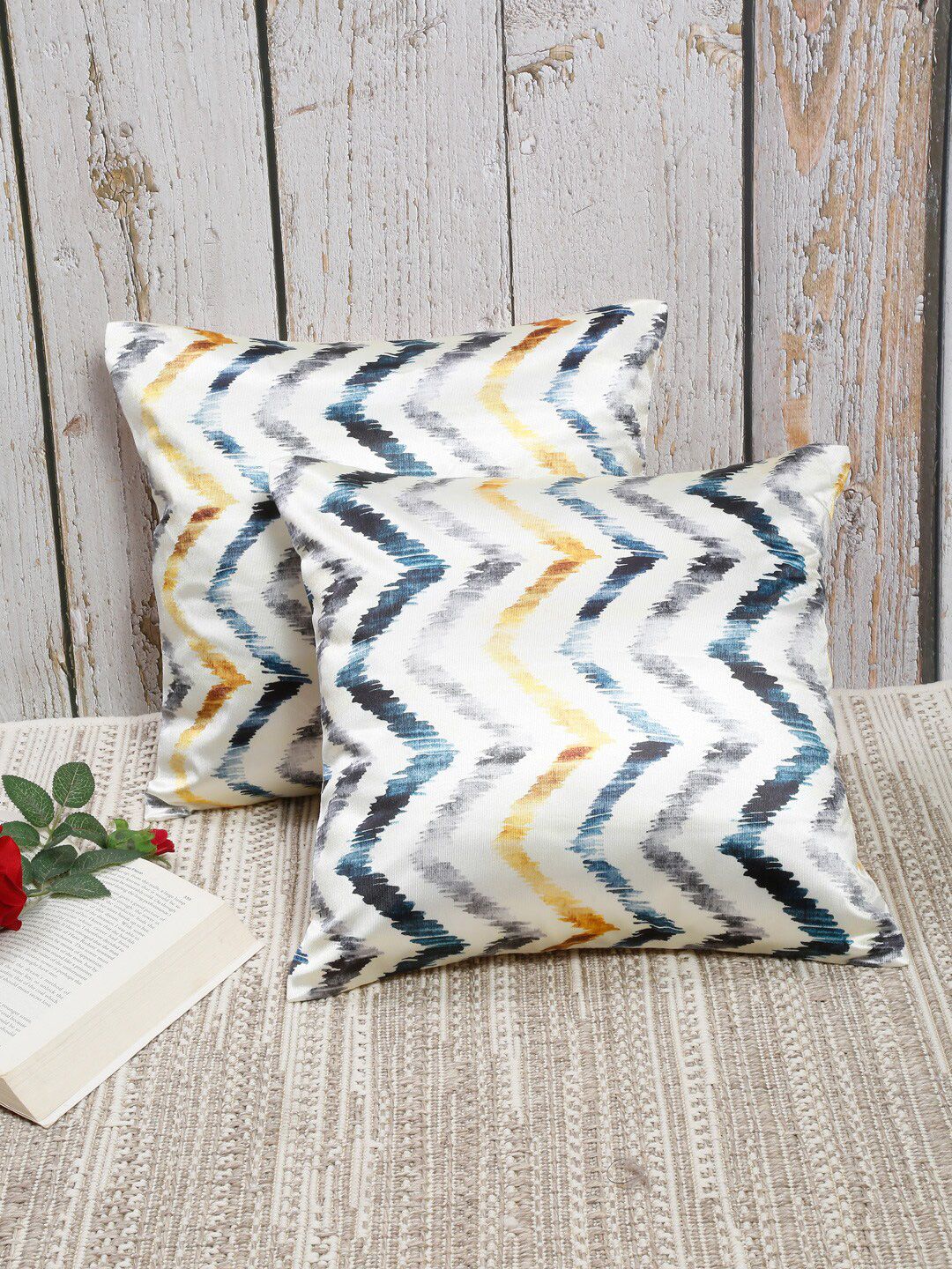Slushy Mushy White & Blue Set of 2 Geometric Square Cushion Covers Price in India