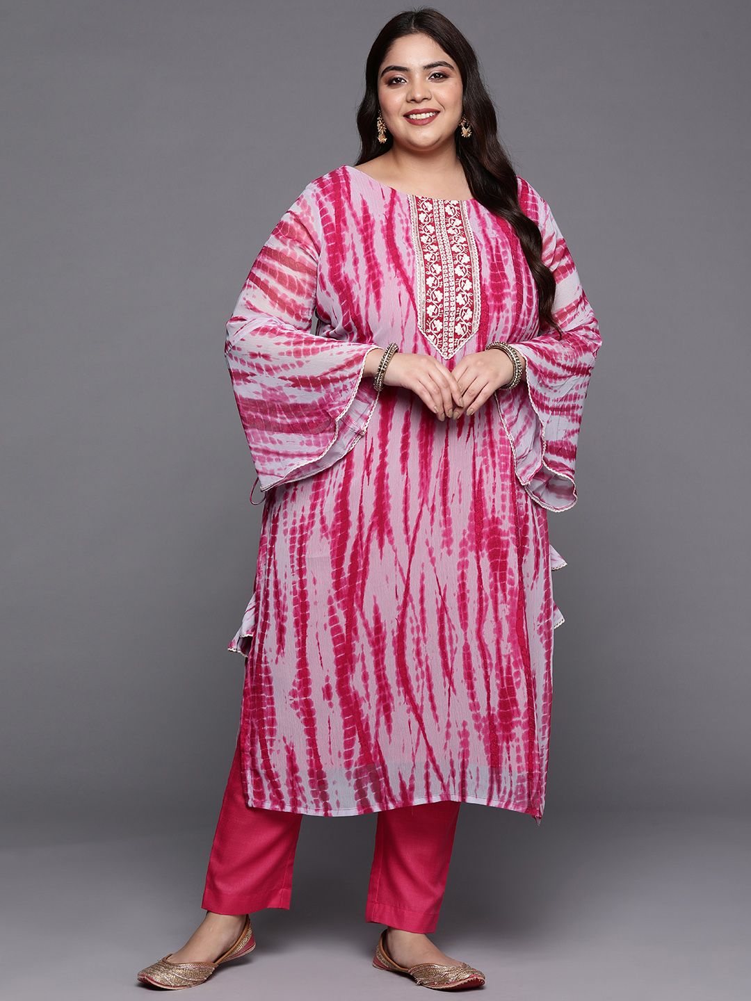 INDDUS PLUS Women Pink Dyed Kurta with Trousers Price in India