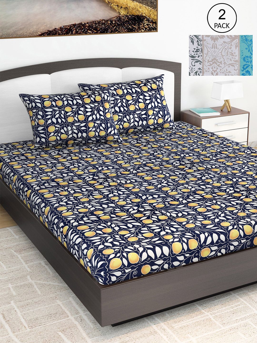 Divine Casa Navy Blue 144 TC Cotton Navy Blue Floral 2 King Bedsheet with 4 Pillowcover Price in India