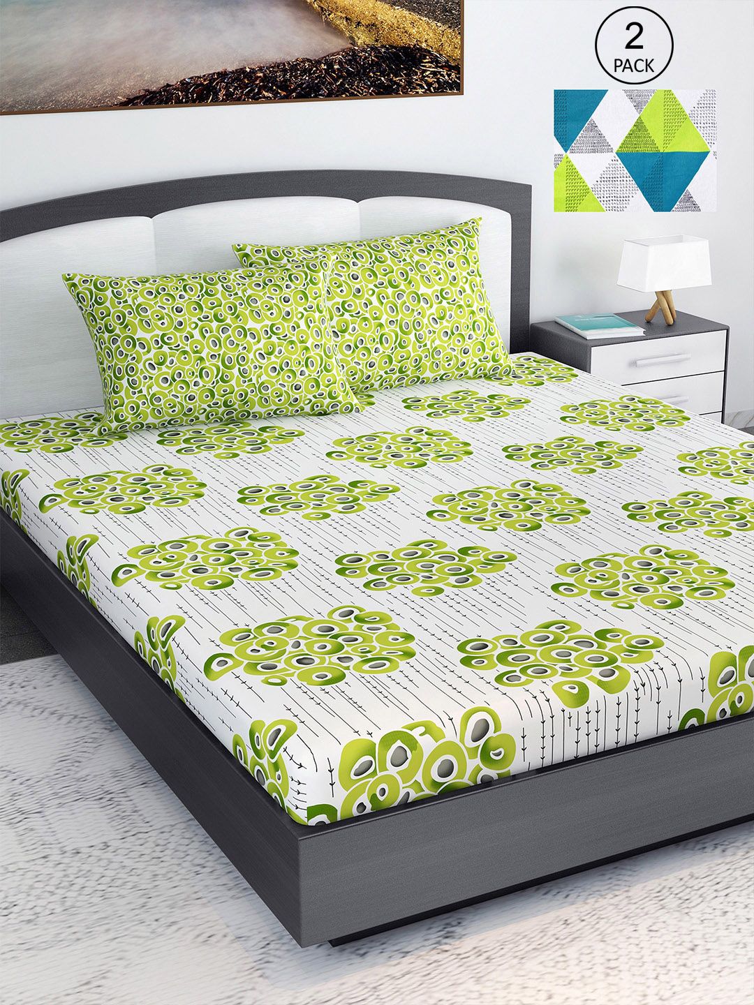 Divine Casa Green 144 TC Cotton Floral 2 King Bedsheet with 4 Pillowcover Price in India