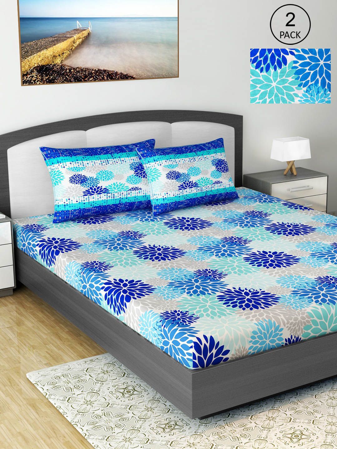 Divine Casa Navy Blue 144 TC Cotton Floral 2 Double Bedsheet with 4 Pillowcover Price in India