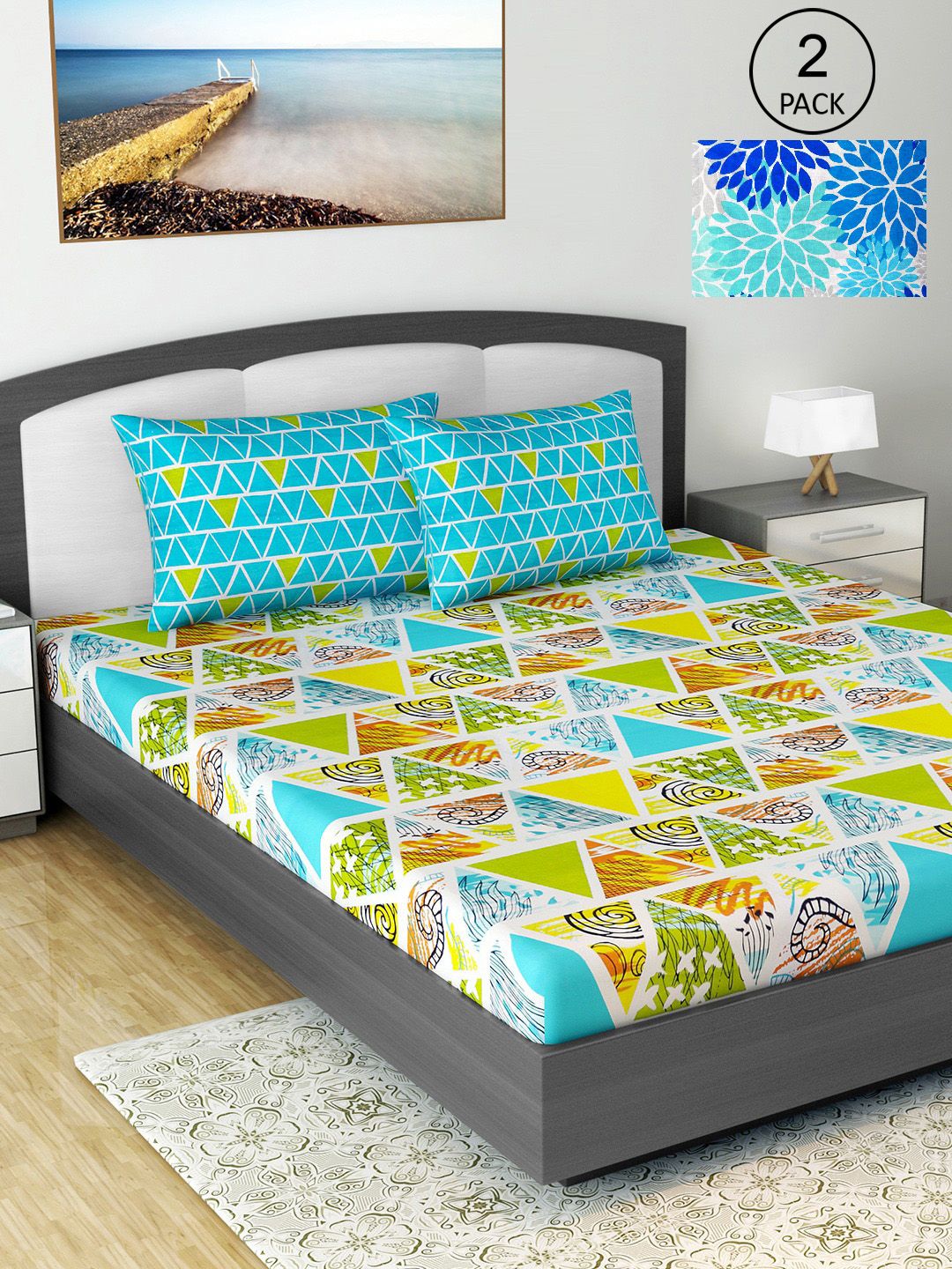 Divine Casa Blue 144 TC Cotton Floral 2 Double Bedsheet with 4 Pillowcover Price in India