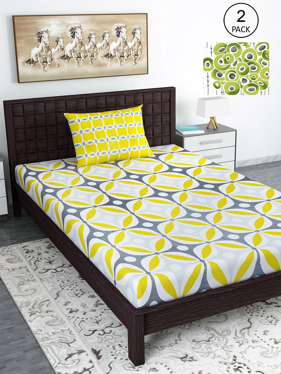 Divine Casa Yellow 144 TC Cotton Floral 2 Single Bedsheet with 2 Pillowcover Price in India