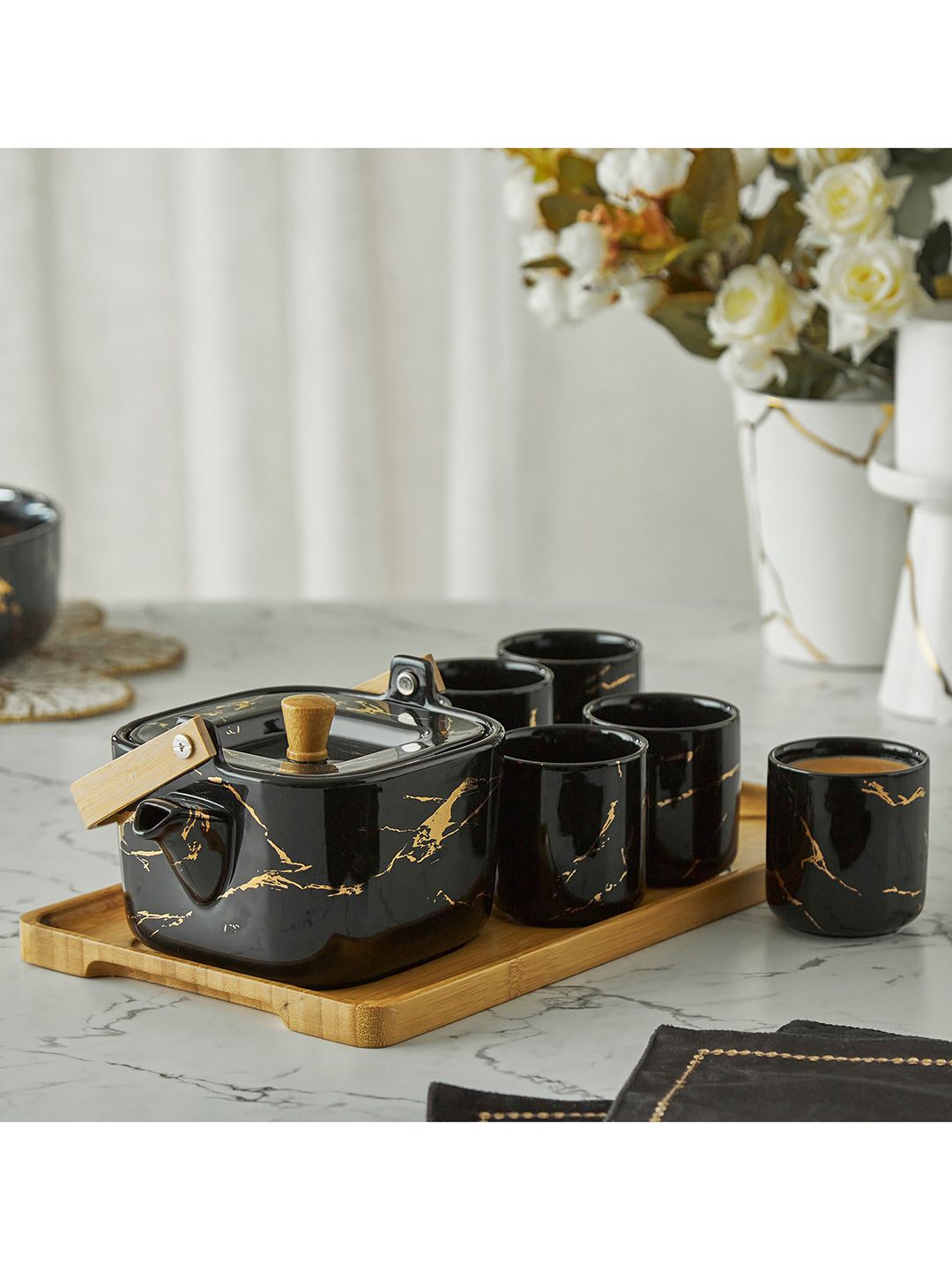 Home Centre Black & Gold-Toned Printed Stoneware Glossy Cups Set of Cups and Mugs Price in India