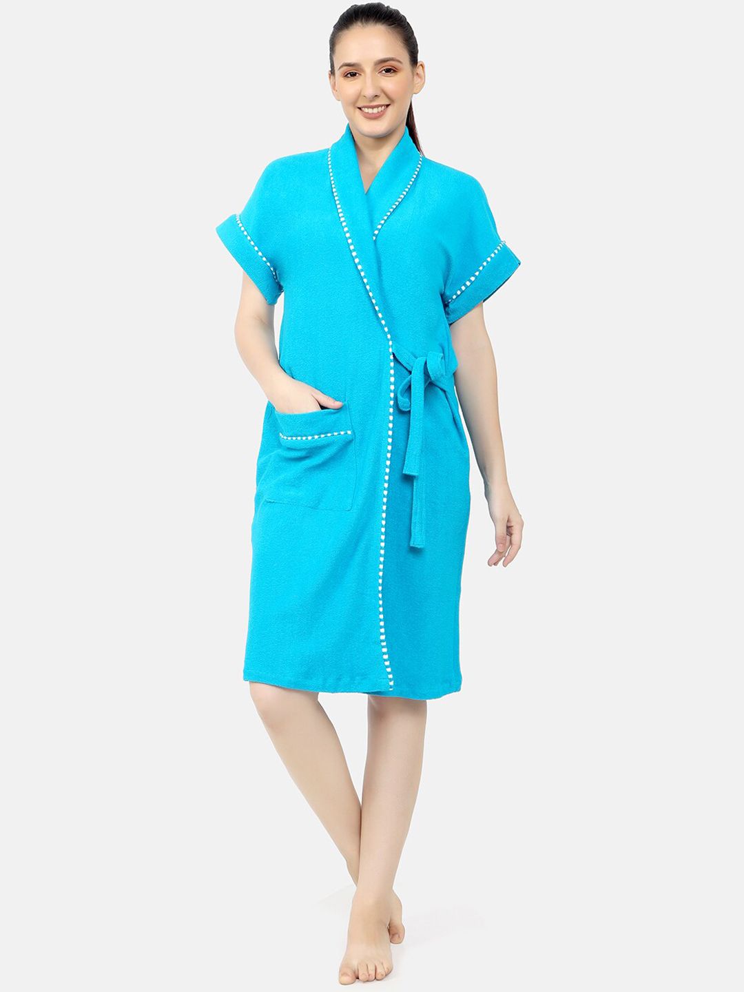 Sand Dune Women Turquoise Blue Solid Pure Terry Cotton Bath Robe Price in India