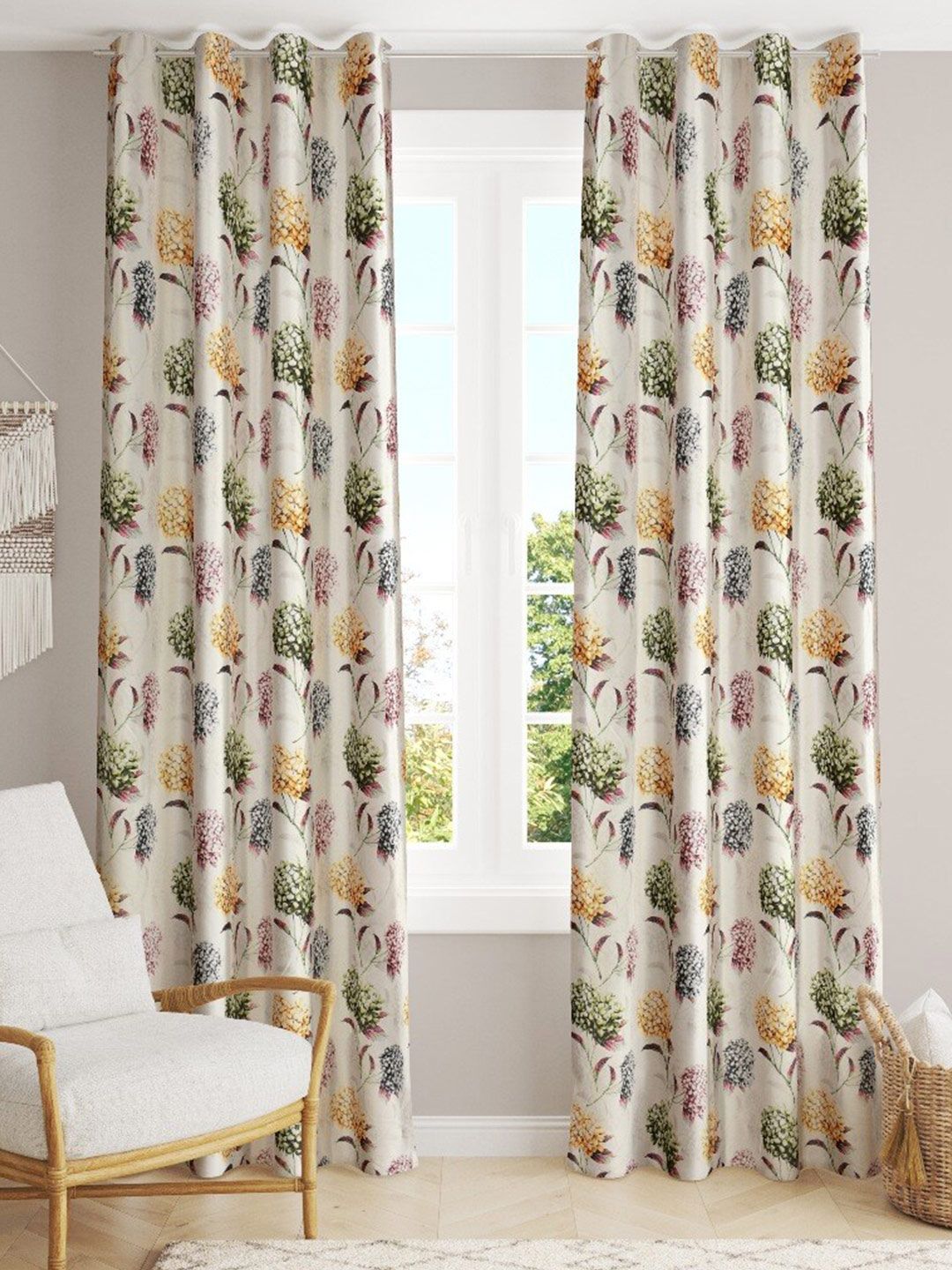 Slushy Mushy Green & Off White Set of 2 Floral Door Curtain Price in India