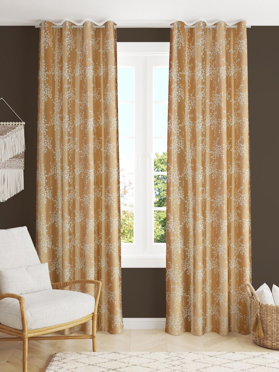 Slushy Mushy Gold-Toned & White Set of 2 Floral Long Door Curtain Price in India