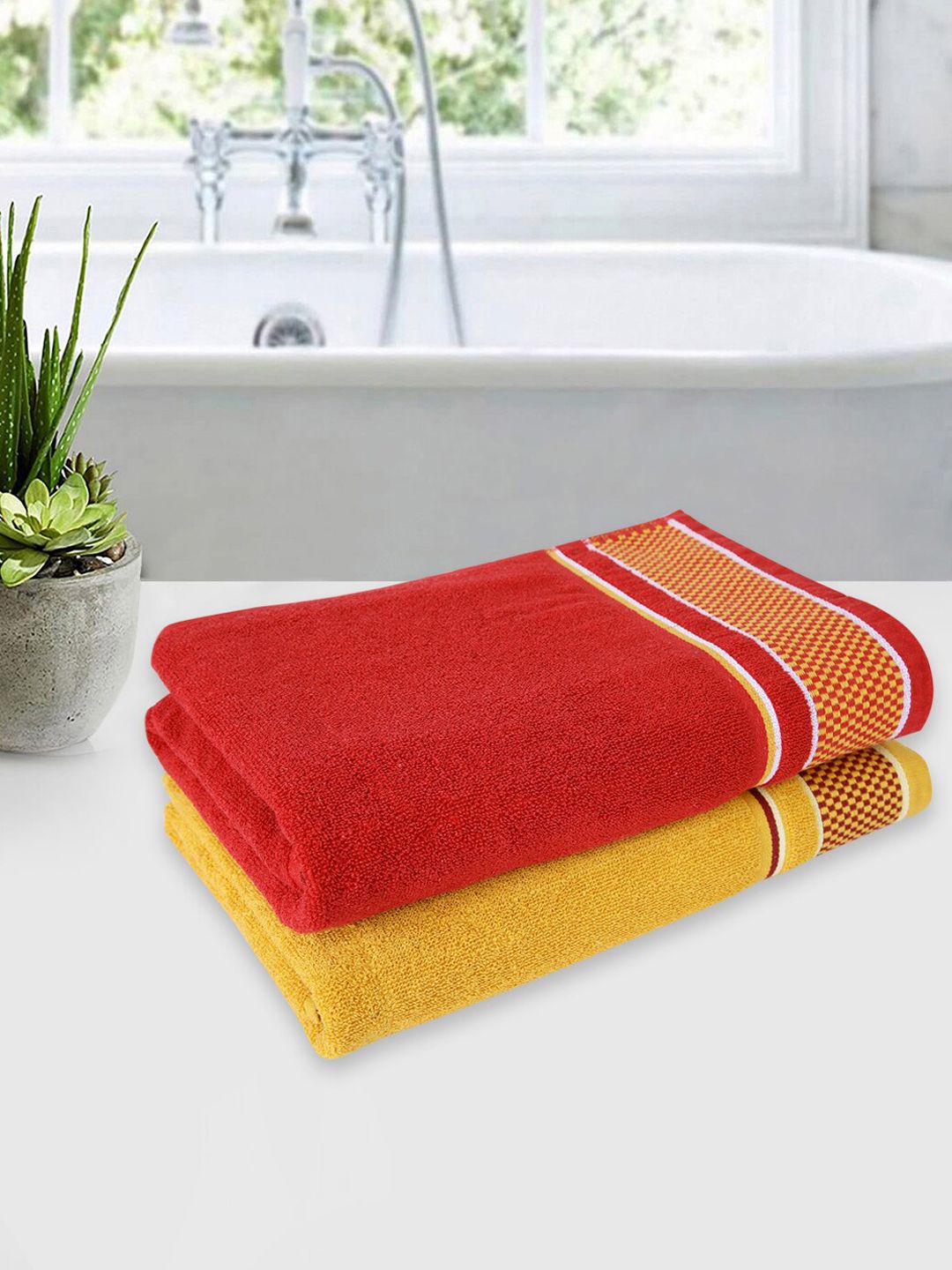 ROMEE Set Of 2 Yellow & Red Solid 500 GSM Cotton Bath Towels Price in India