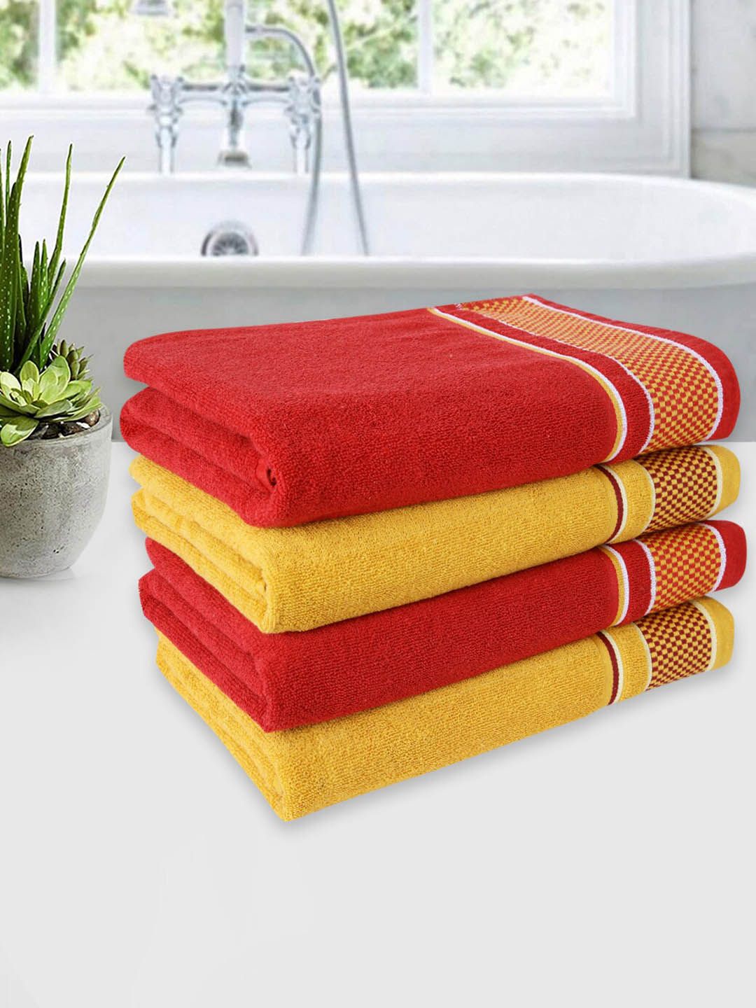 ROMEE Set Of 4 Red & Yellow Solid 500 GSM Cotton Bath Towels Price in India