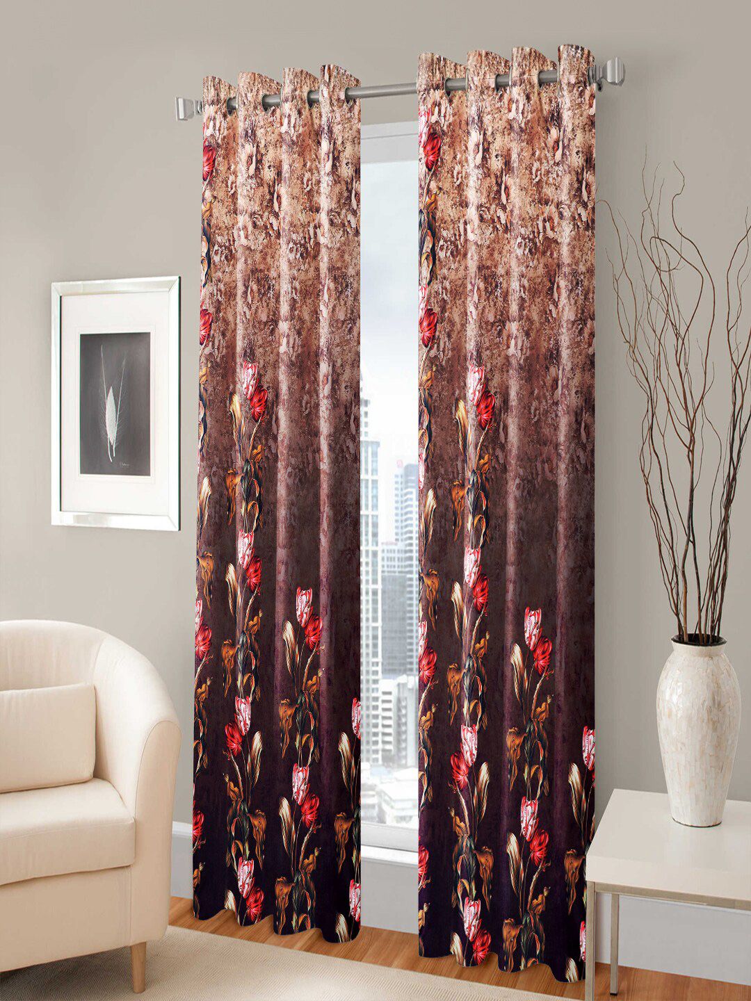 Nendle Brown & Red Set of 2 Floral Room Darkening Long Door Curtain Price in India