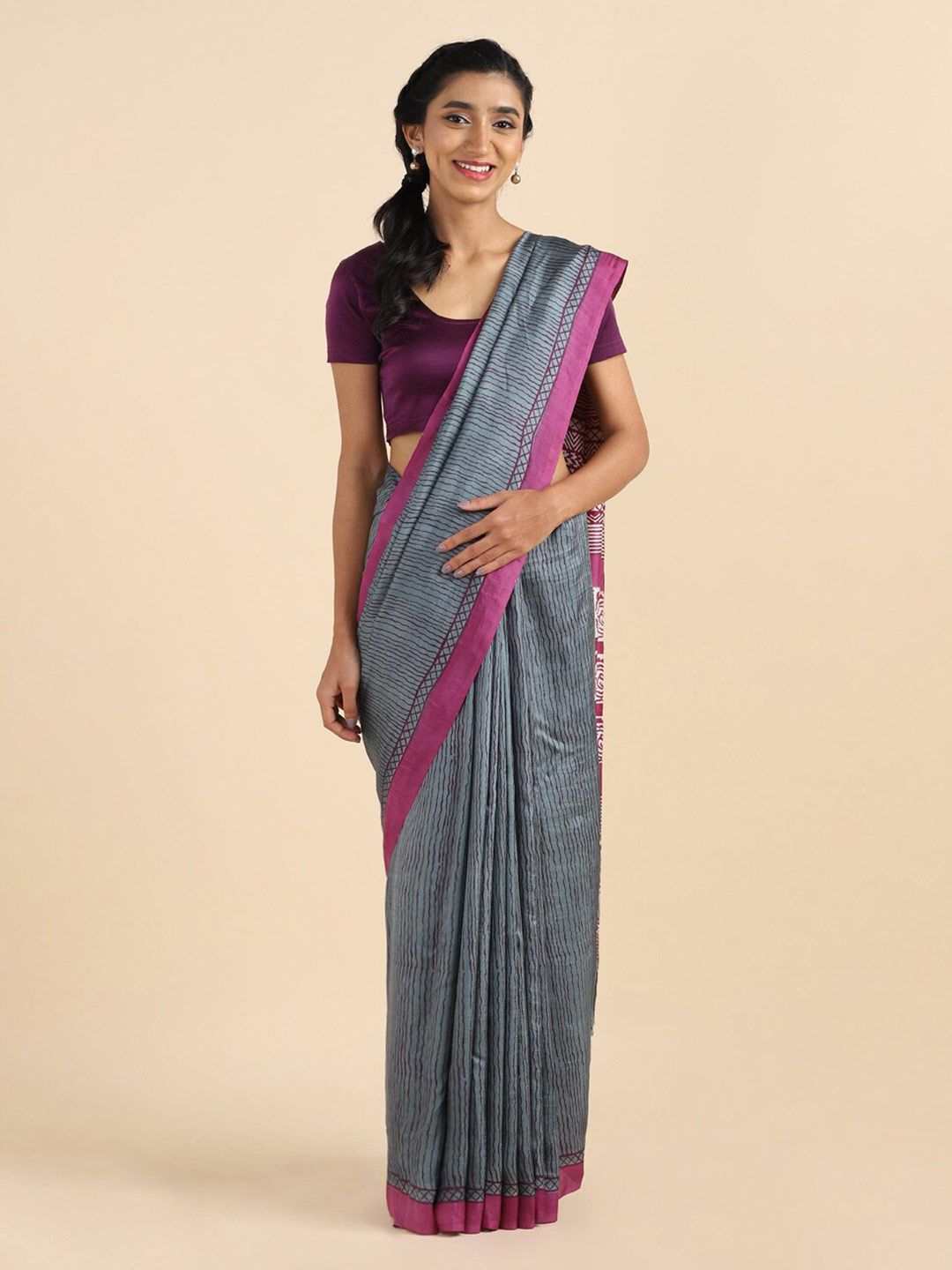 Taneira Grey & Off White Striped Pure Silk Saree Price in India