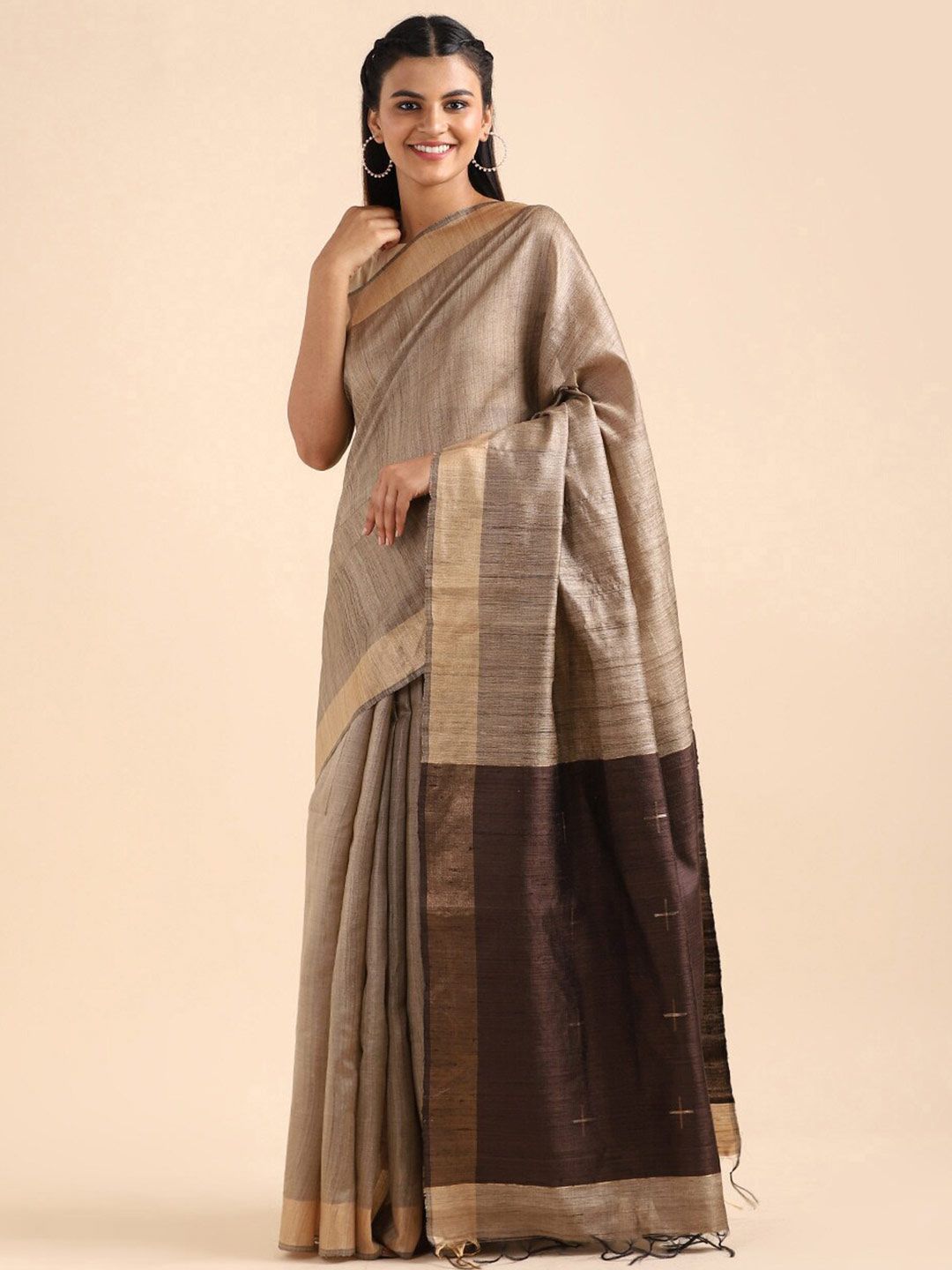 Taneira Beige & Brown Zari Pure Silk Bhagalpuri Saree Price in India