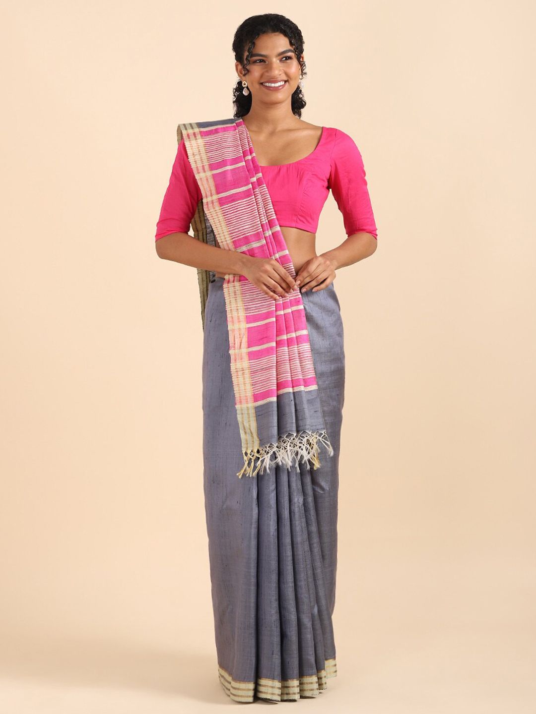 Taneira Grey & Pink Zari Pure Silk Bhagalpuri Saree Price in India