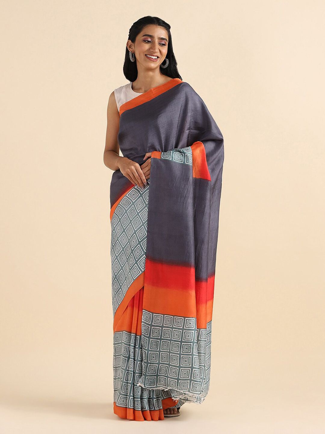 Taneira Grey & Orange Pure Silk Saree Price in India