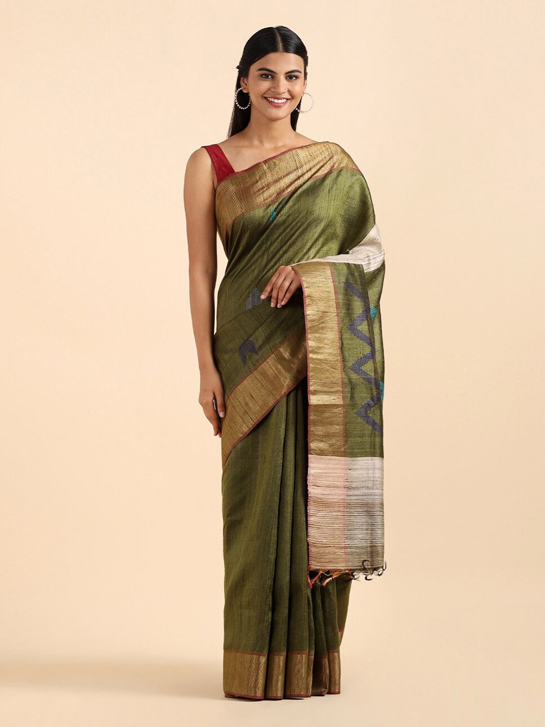 Taneira Green & Gold-Toned Zari Pure Silk Bhagalpuri Saree Price in India