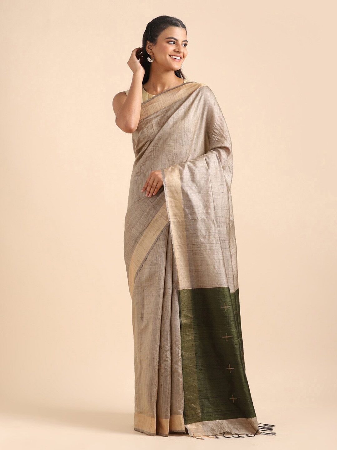Taneira Beige & Green Zari Pure Silk Bhagalpuri Saree Price in India