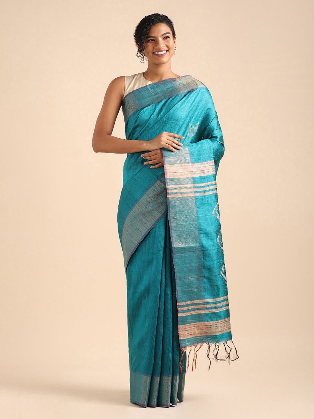 Taneira Blue & Silver-Toned Woven Design Zari Pure Silk Bhagalpuri Saree Price in India