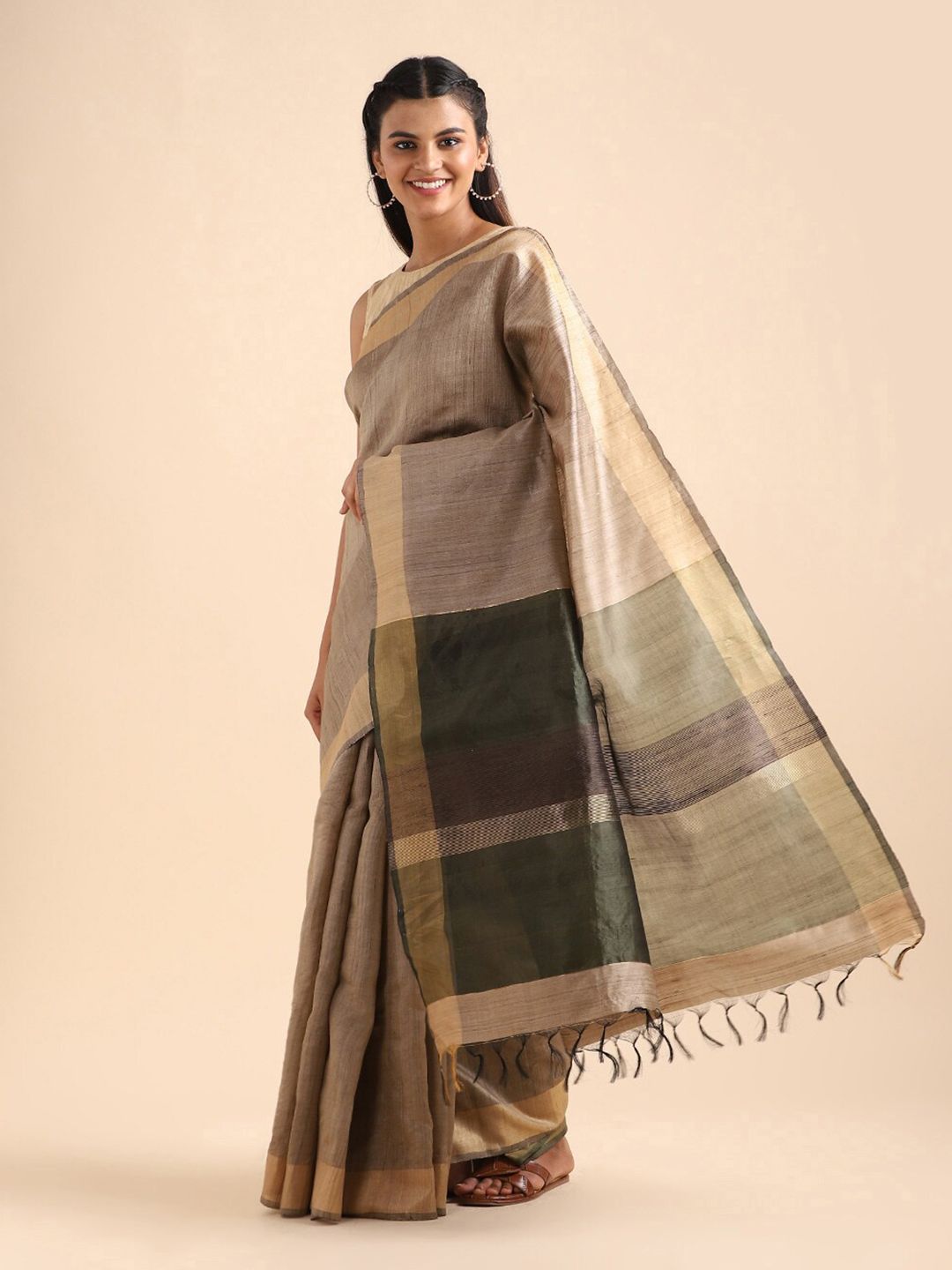 Taneira Beige & Black Zari Pure Silk Bhagalpuri Saree Price in India