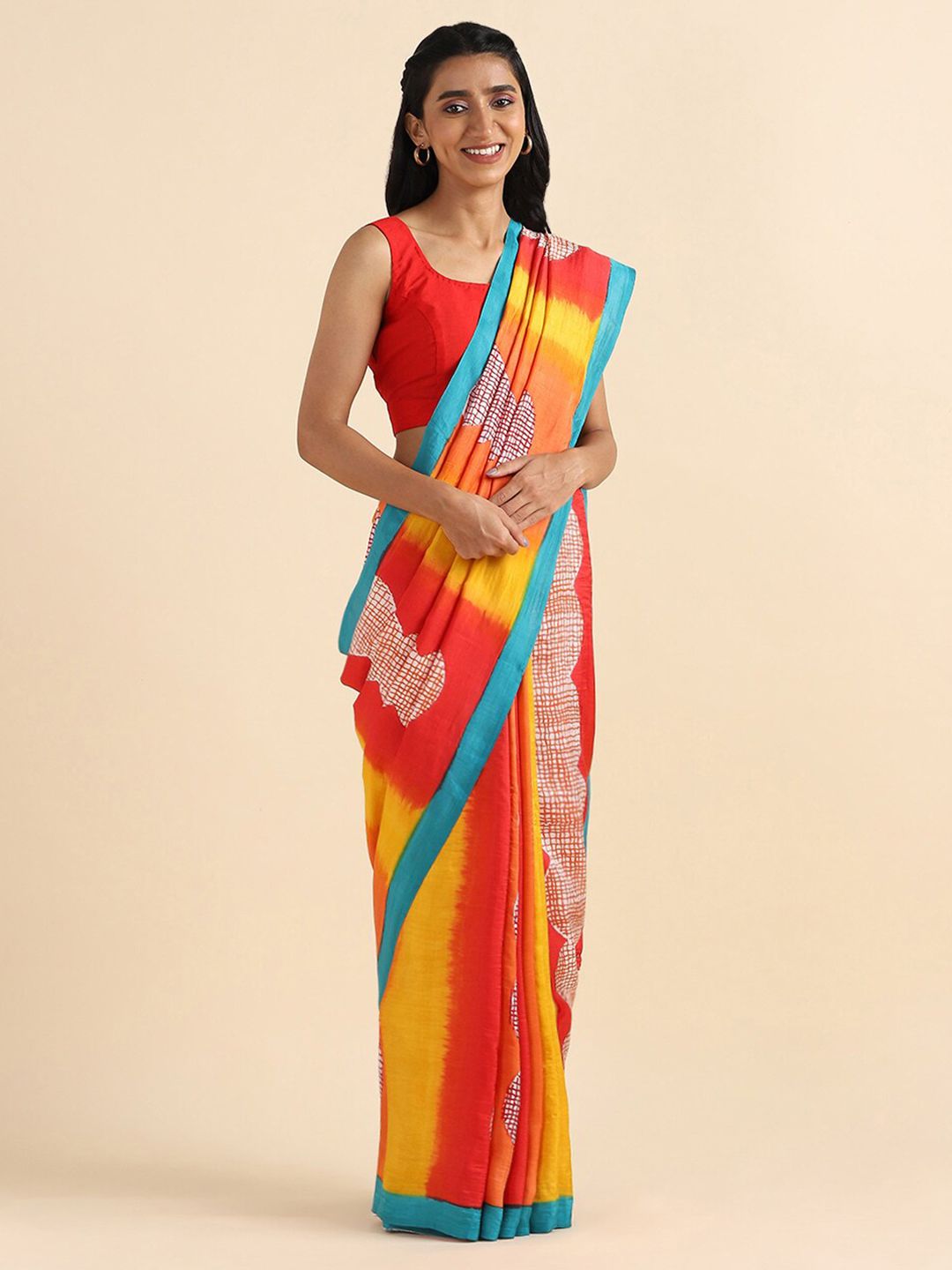 Taneira Yellow & Red Checked Pure Silk Saree Price in India