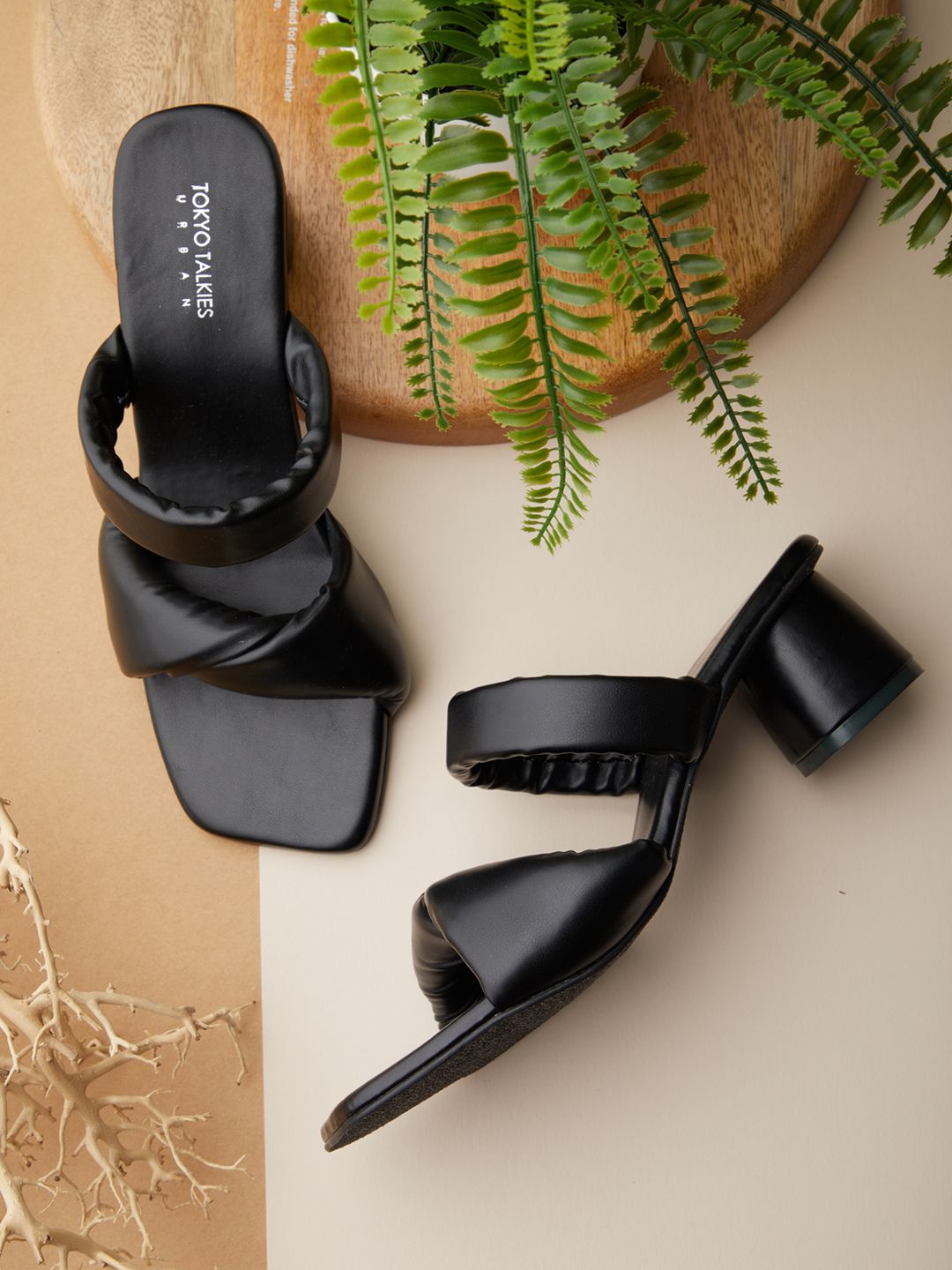 Tokyo Talkies Black Textured PU Block Sandals