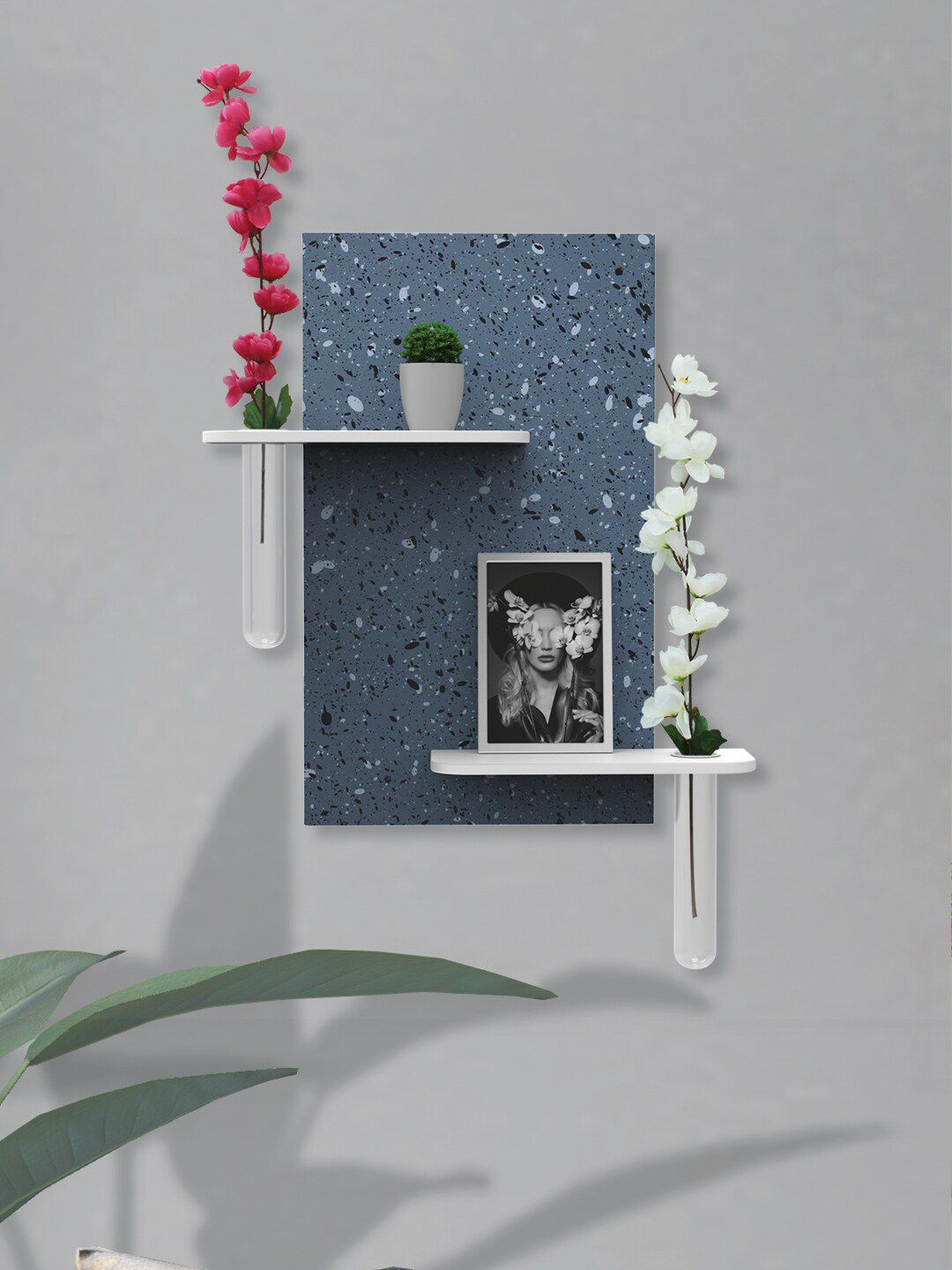RANDOM Blue Rectangle Set of 1 Wall Hanging MDF Wood Planter Stand With Plants Price in India