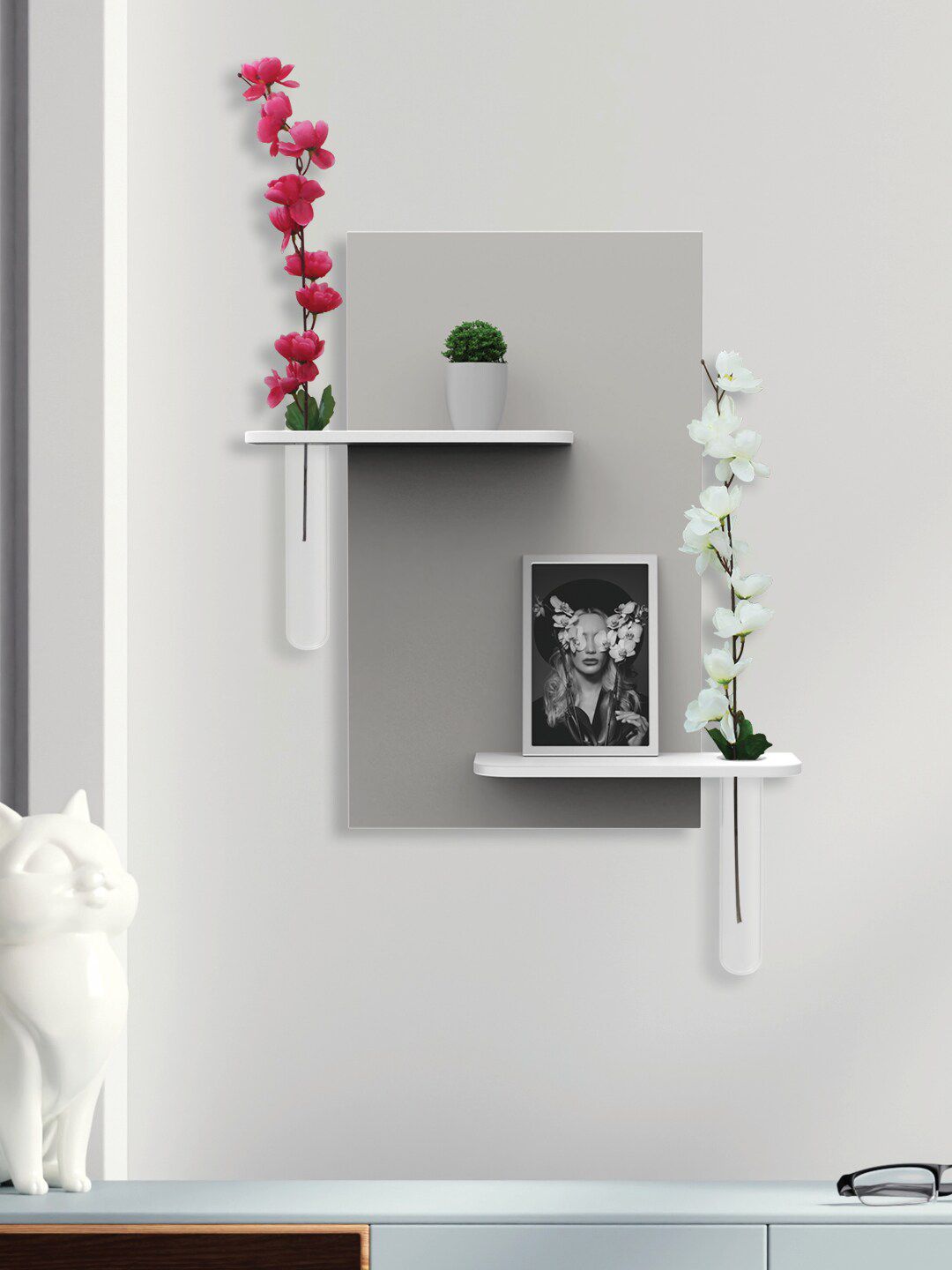 RANDOM Grey Rectangle Set of 1 Wall Hanging MDF Wood Planter Stand With Plants Price in India