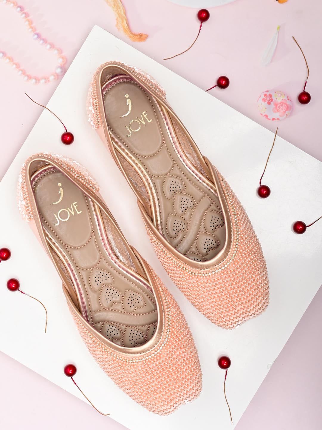 Jove Women Peach-Coloured Striped Ethnic Ballerinas Flats