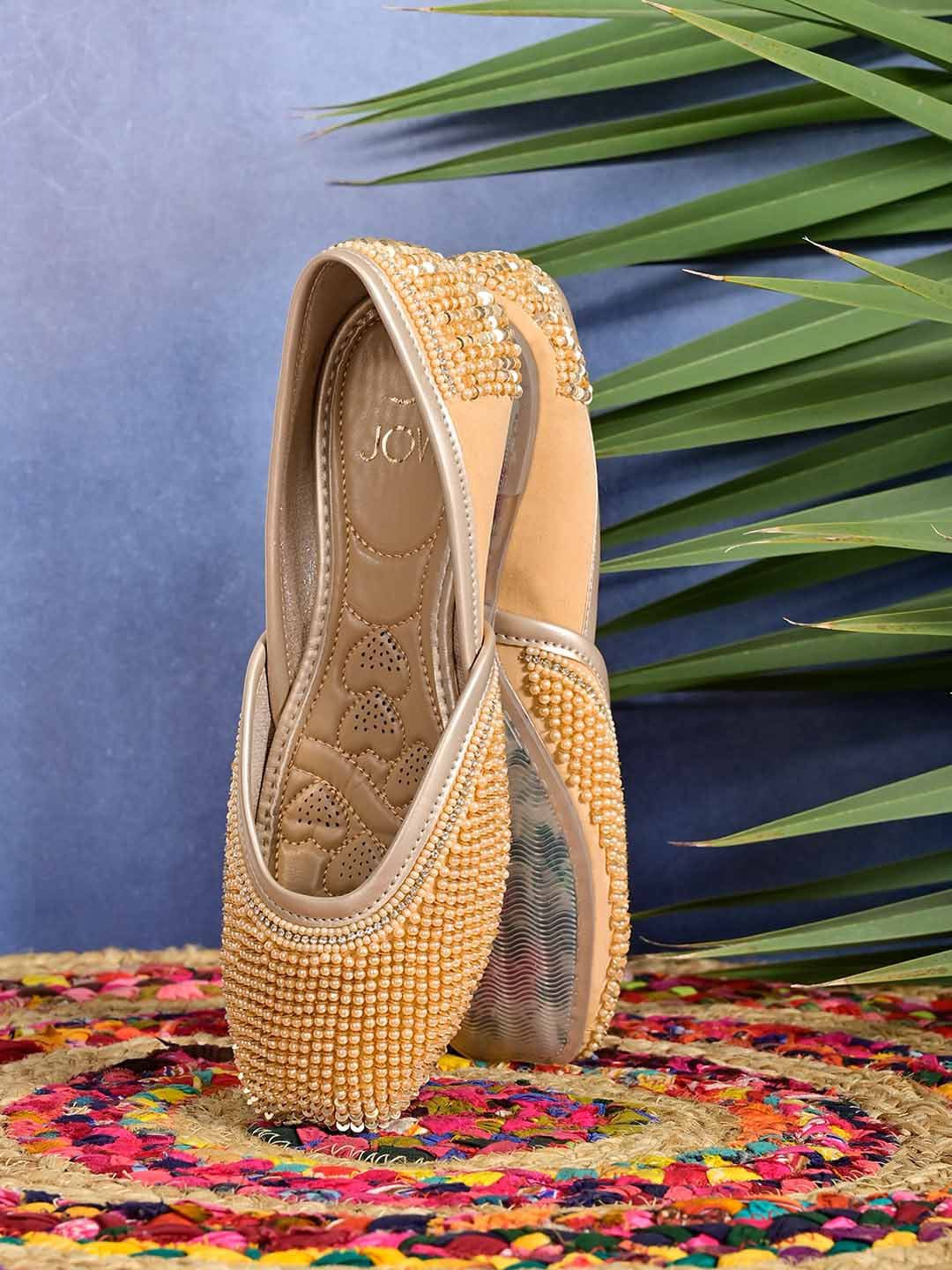 Jove Women Gold-Toned Printed Ethnic Ballerinas Flats