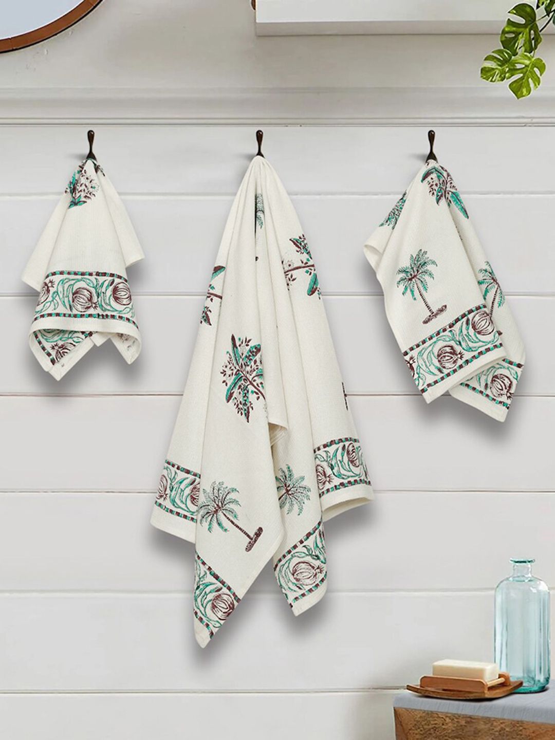 Rajasthan Decor Pack Of 3 Cream-Coloured & Green Hand Block Printed Pure Cotton Towel set Price in India