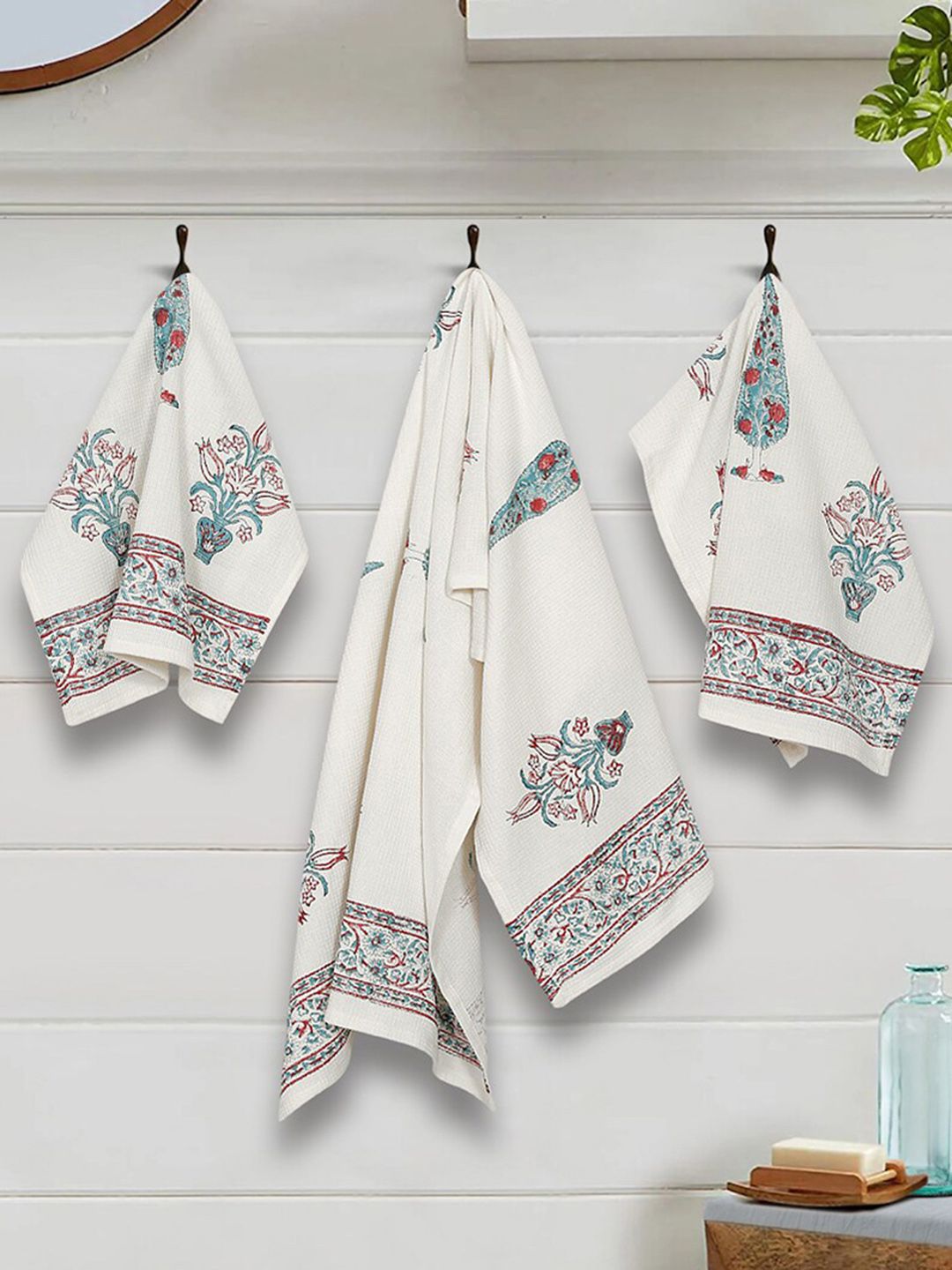 Rajasthan Decor Set of 3 Cream Coloured & Blue Printed Cotton Bath and Hand Towel Price in India