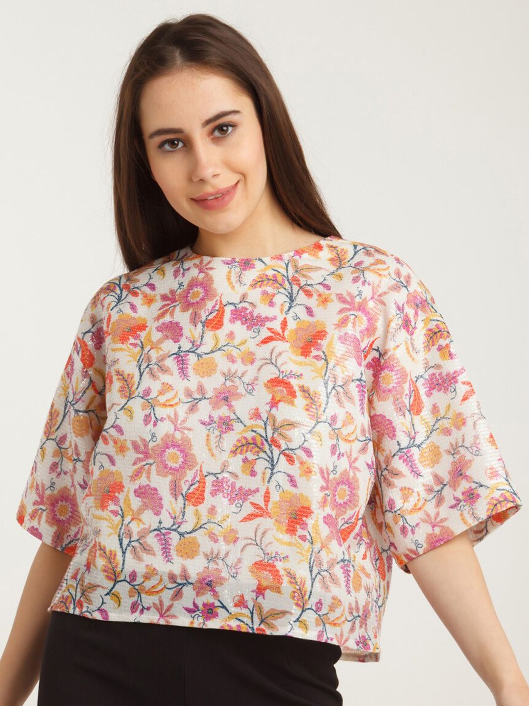 Zink London Off White & Pink Floral Print Extended Sleeves Boxy Top Price in India