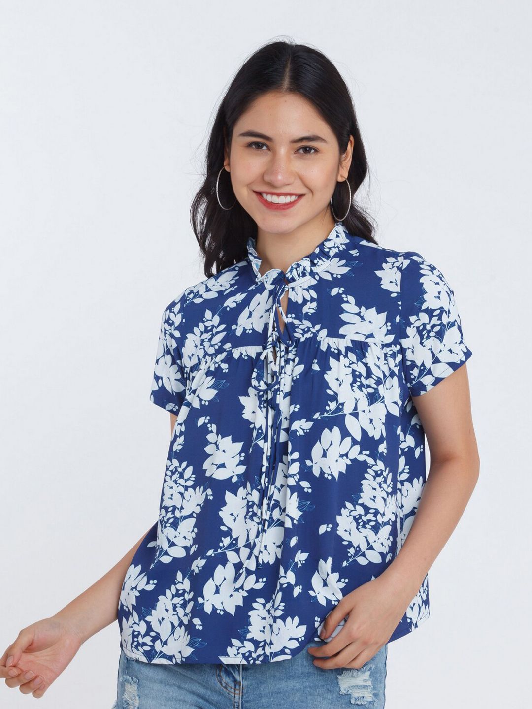 Zink London Women Blue & White Floral Print Tie-Up Neck Top Price in India