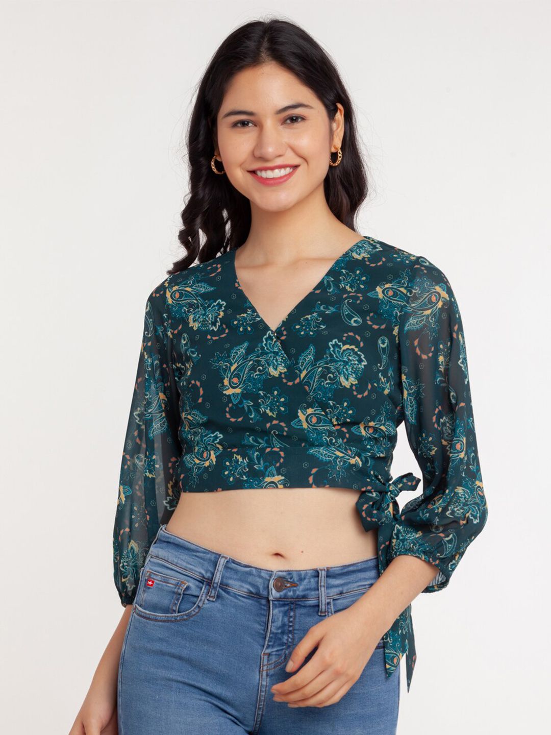 Zink London Women Green Floral Print Wrap Crop Top Price in India