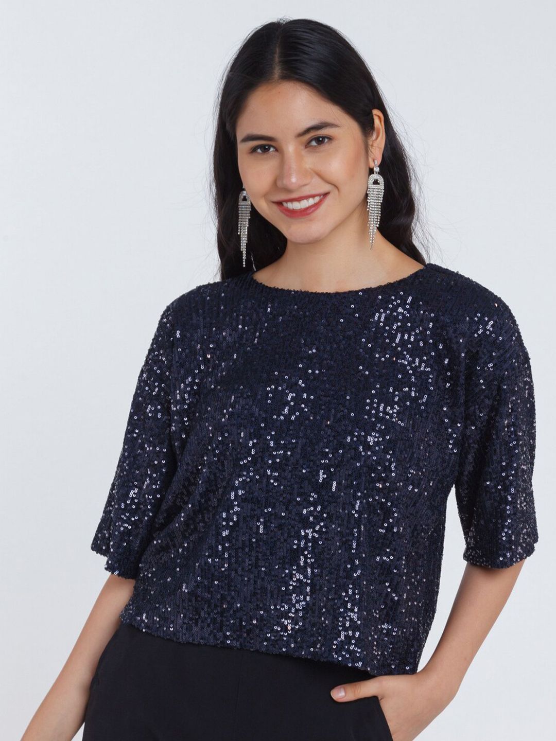 Zink London Women Blue Embellished Top Price in India