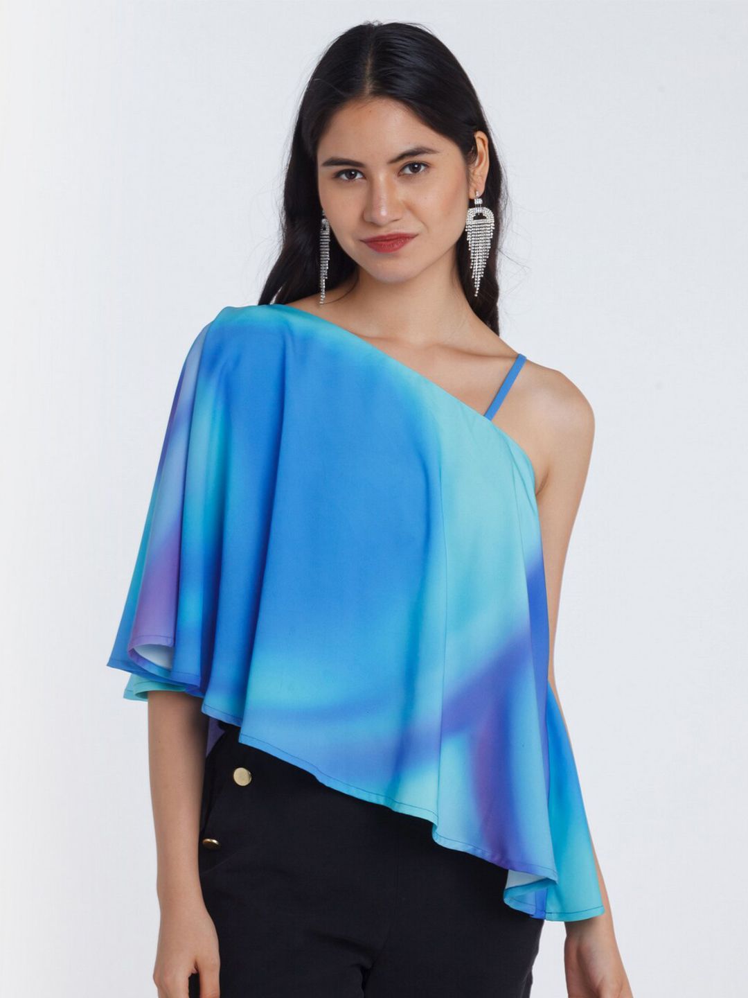 Zink London Women Blue Tie and Dye Print One Shoulder Top Price in India