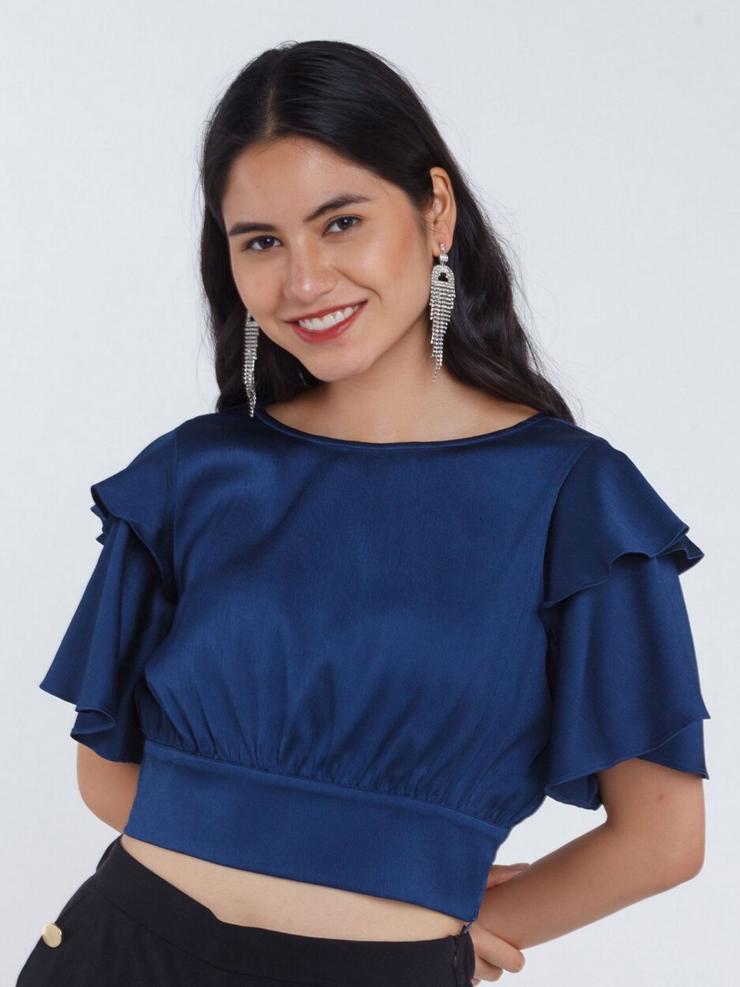Zink London Women Blue Solid Fitted Crop Top Price in India
