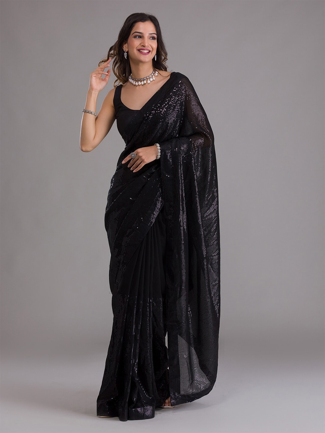Koskii Black Embellished Sequinned Saree Price in India