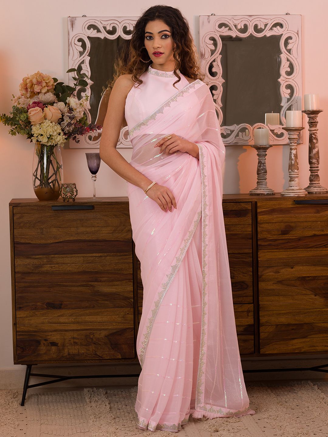 Koskii Pink & Silver-Toned Striped Beads and Stones Saree Price in India