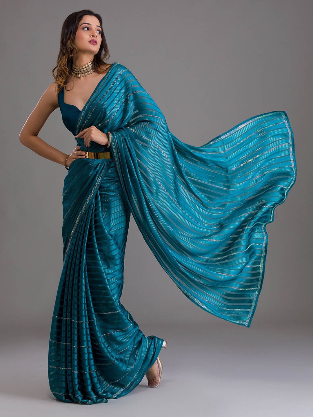 Koskii Blue & Silver-Toned Striped Beads and Stones Saree Price in India