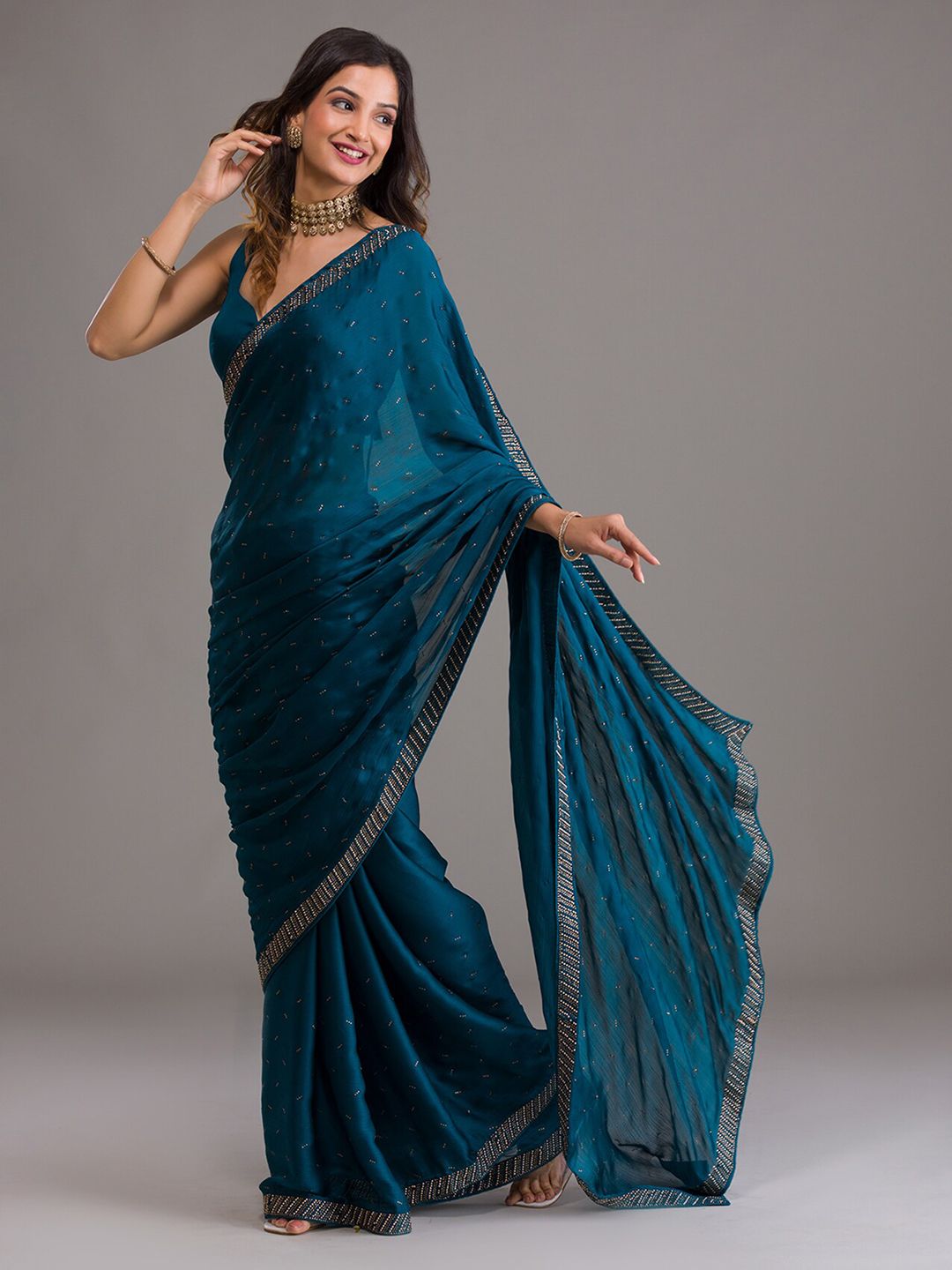 Koskii Blue & Gold-Toned Embellished Beads and Stones Saree Price in India