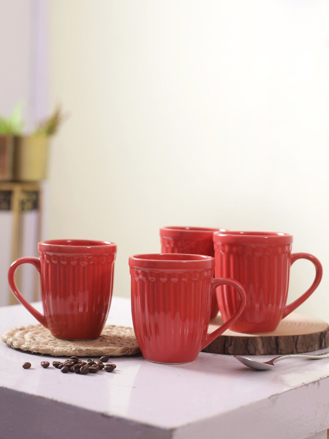 Aapno Rajasthan Set of 4 Red Textured Ceramic Glossy Mugs Price in India