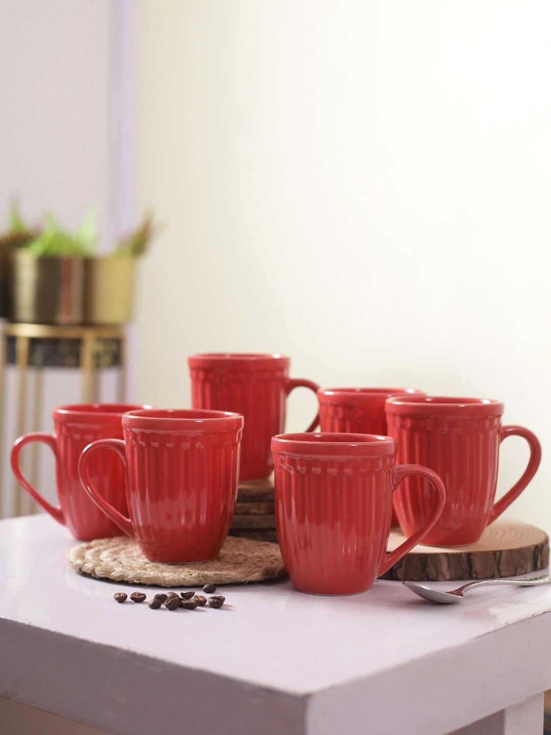 Aapno Rajasthan Red Set of 6 Solid Ceramic Glossy Cups Price in India