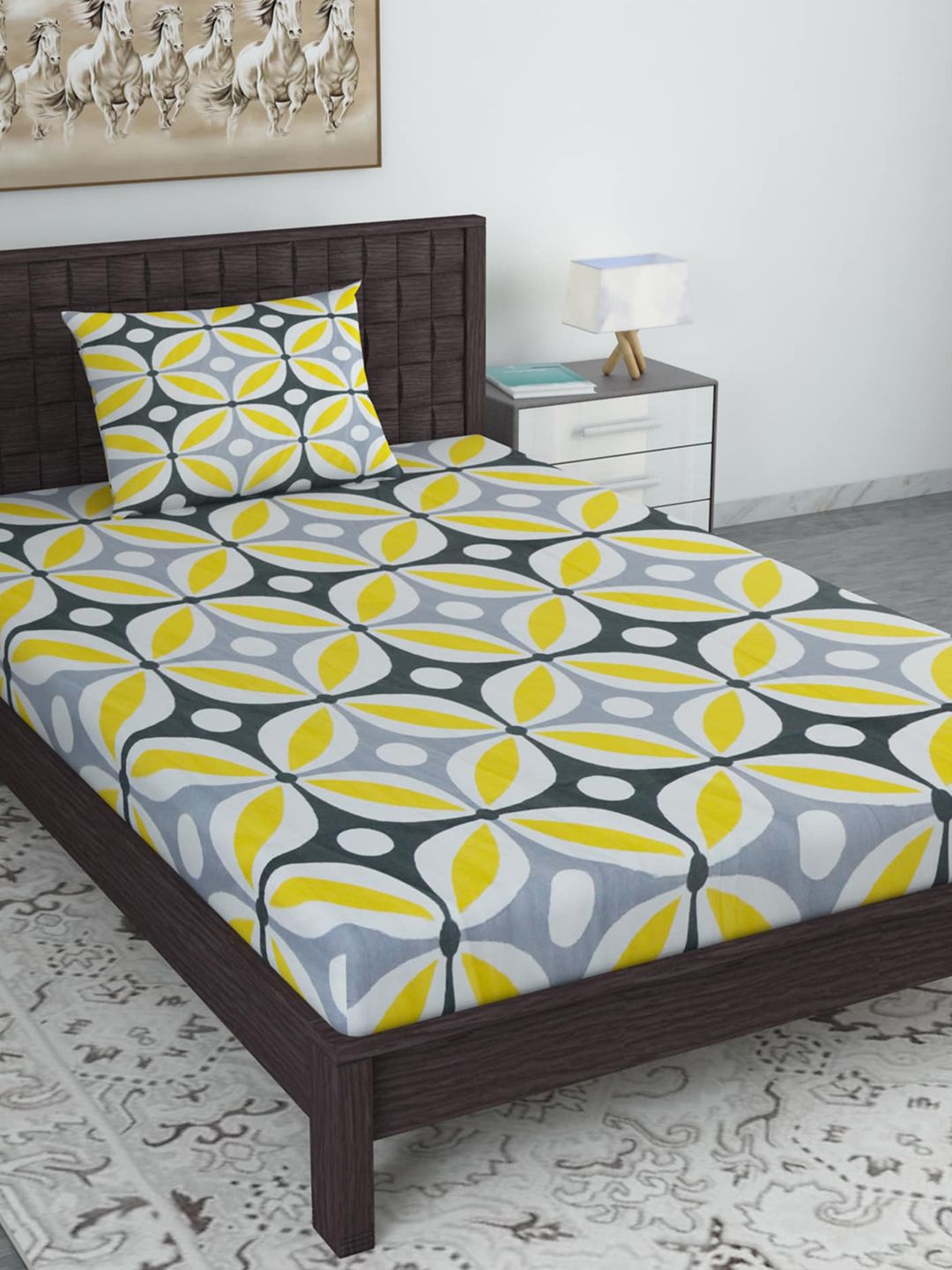 Divine Casa Yellow & Blue Geometric 144 TC Single Bedsheet with 1 Pillow Covers Price in India