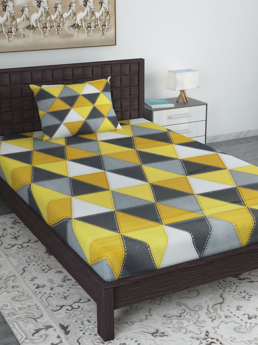 Divine Casa Khaki & Yellow Geometric 144 TC Single Bedsheet with 1 Pillow Covers Price in India