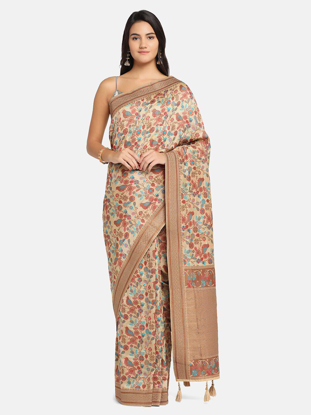 BOMBAY SELECTIONS Brown & Blue Woven Design Embroidered Banarasi Saree Price in India