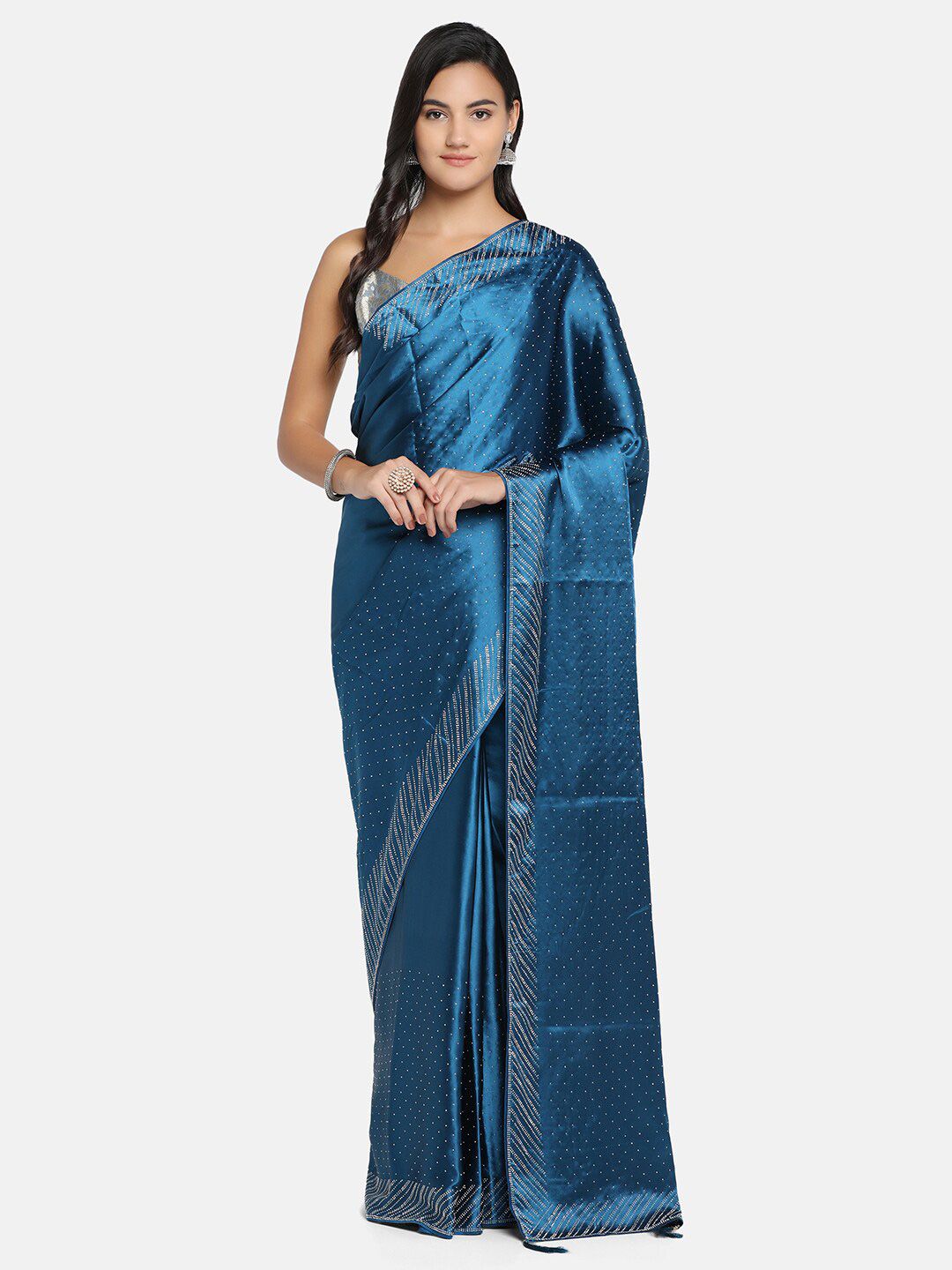 BOMBAY SELECTIONS Blue Embellished Beads and Stones Satin Saree Price in India