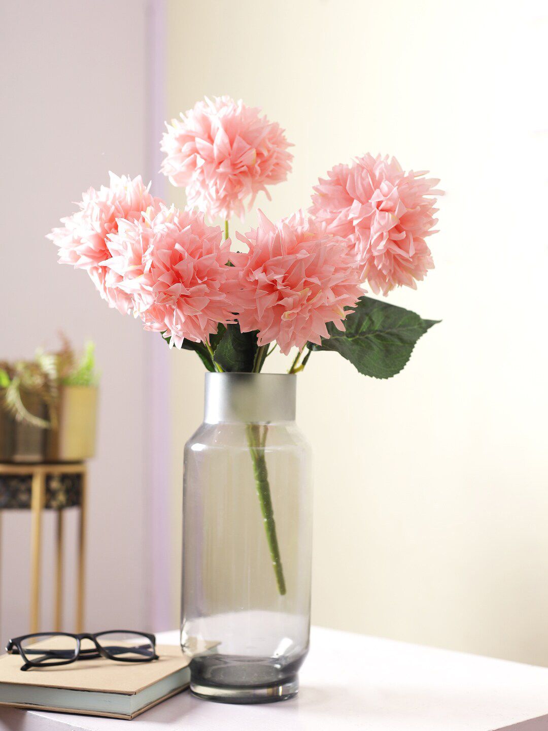 TAYHAA Pink & Green  Textured Artificial Chrysanthemum Flowers Price in India