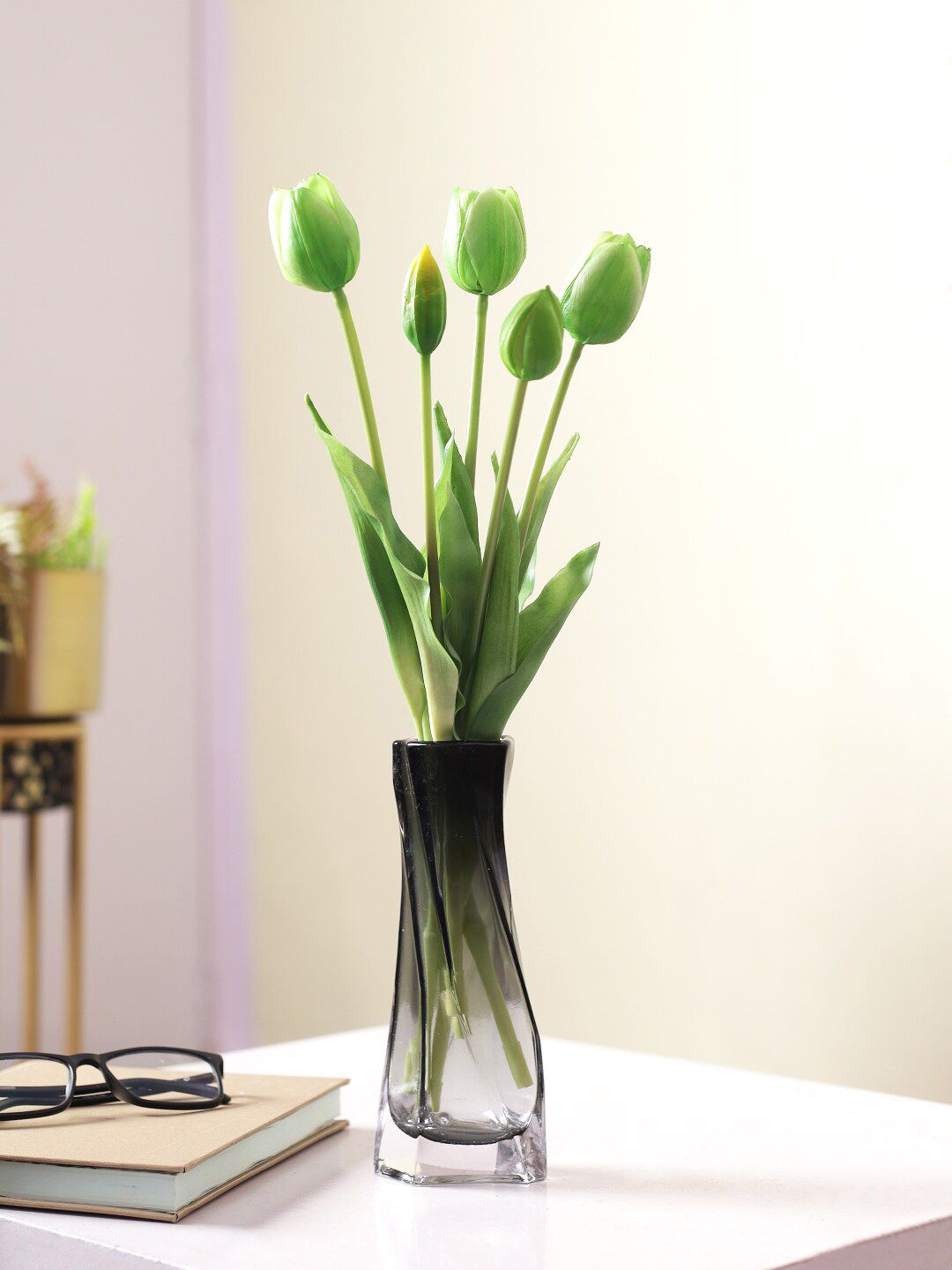 TAYHAA Set of 5 Green Tulip Artificial Artificial Flowers and Plants Price in India