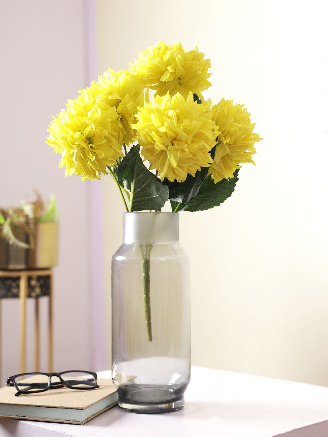 TAYHAA Yellow & Green Textured Artificial Chrysanthemum Flowers Price in India