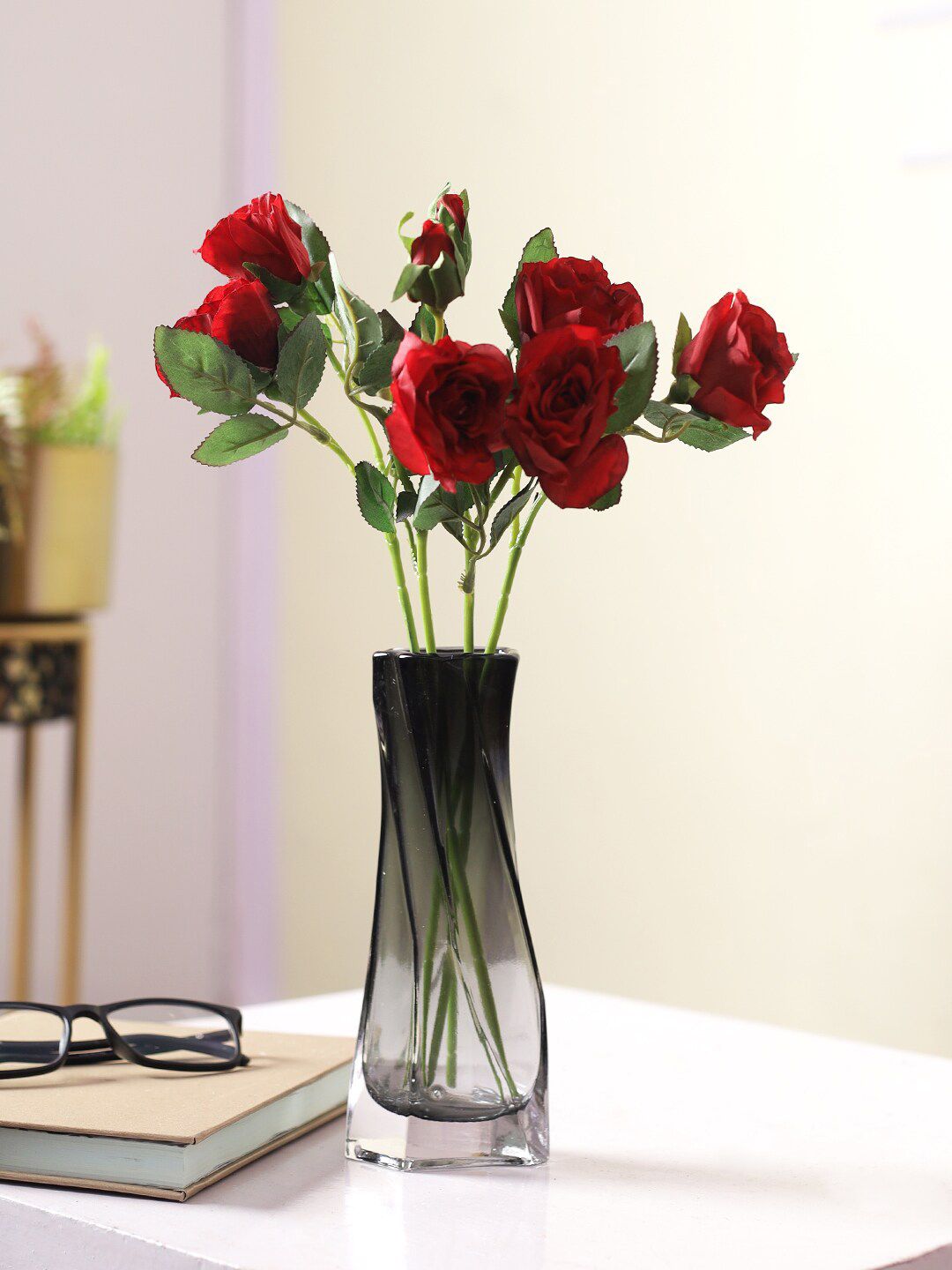 TAYHAA Bunch Of 2 Red & Green Artificial Rose Flower Sticks Price in India